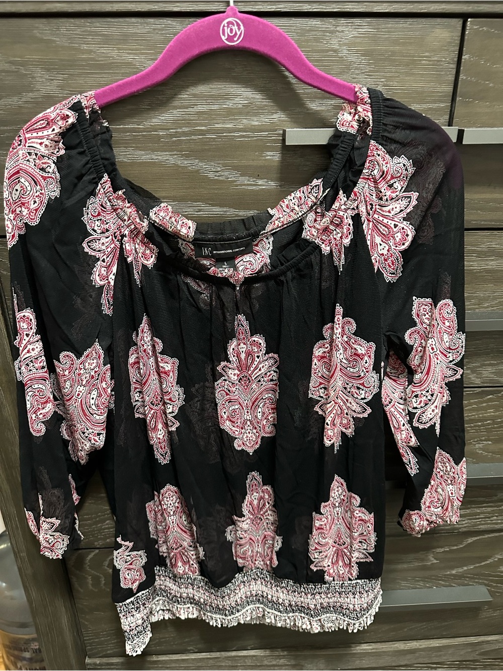 INC International Concepts Black Top with Pink Paisley Print